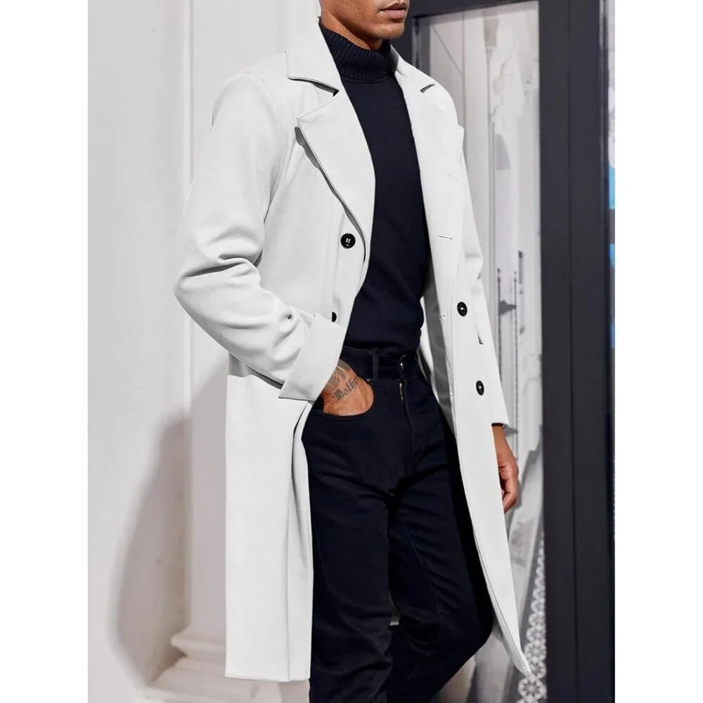 Men's White Notch Lapel Double Breasted Long Trench Coat Cotton Blend Pea Coat